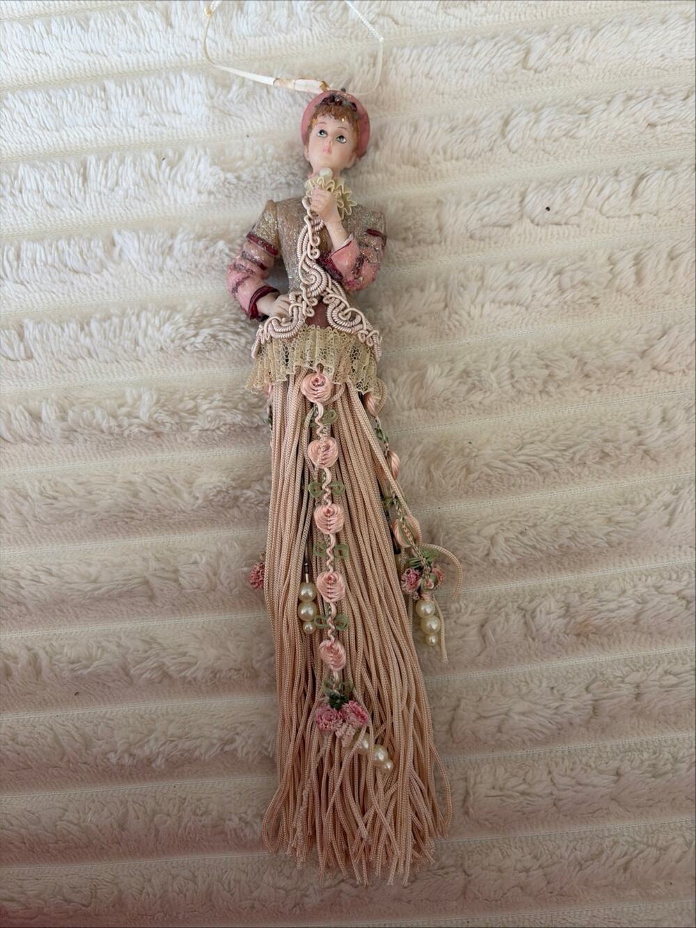 Vintage Victorian Tassel Doll Ornament - Pink & Gold Elegant Lace Figurine